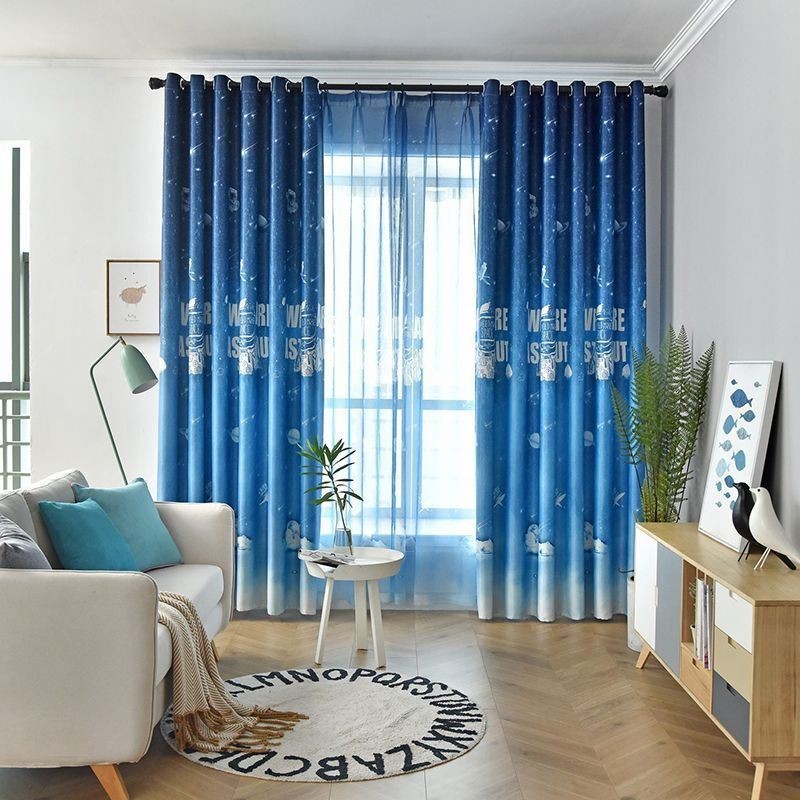 Cartoon Blue Outer Space Pattern Printed Blackout Curtain Made to Measure Curtain For Boys Children Bedroom