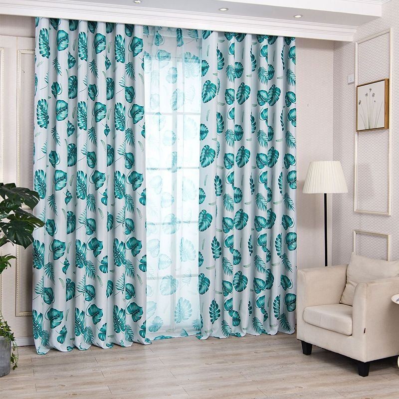 Modern Tropical Printed Curtains Green Leaves Window Drape For Living Room