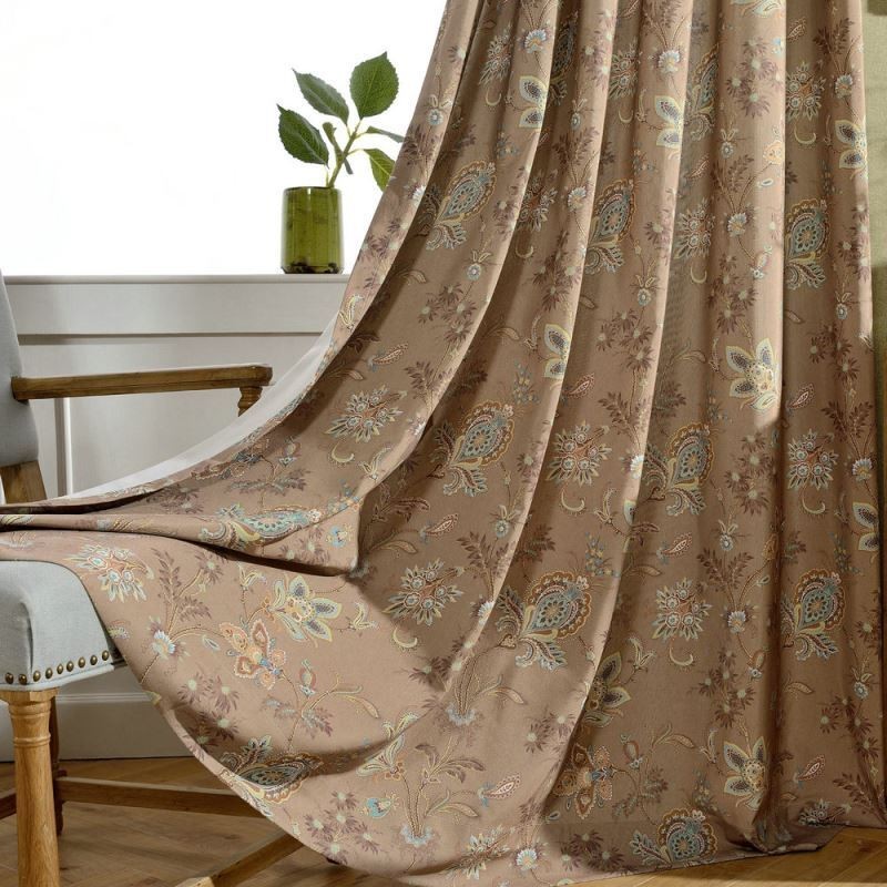 American Style Voile Sheer Curtain Made to Measure Curtain Panle Brown Flower Printing