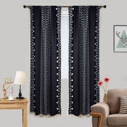 Geometric Printing Curtains Half Blackout Tassel Cotton Linen Drape For Living Room