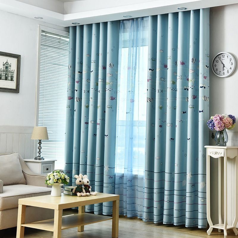 Cartoon Fish Pattern Blue Blackout Curtains Printed Curtain Made to Measure Curtain For Kids Bedroom