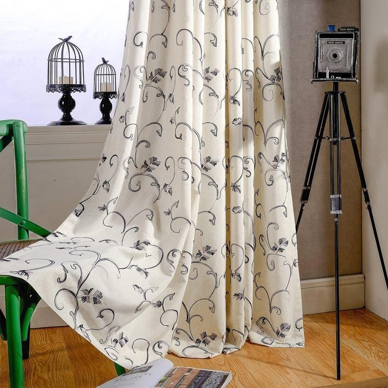 American Simple Curtain Made to Measure Curtain Ink Rolling Leaf Embroidery Cotton Linen Fabric