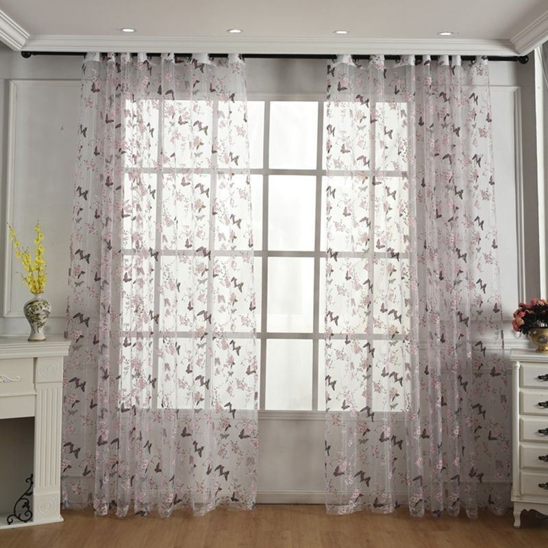 Butterfly Flower Printed Tulle Curtains Window Screening Decor Voile Curtain Made to Measure Curtain
