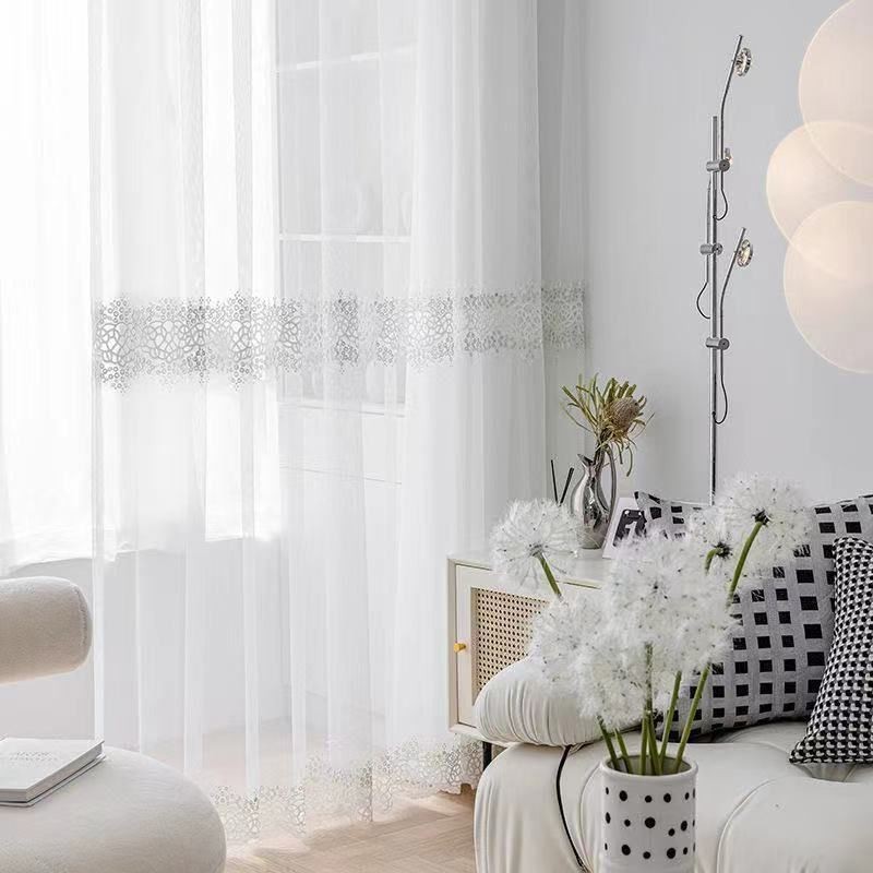 Geometric Sheer Curtains Modern Embroidery Tulle For Living Room