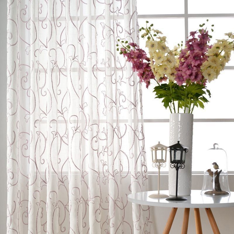 White Sheer Voile Curtains Vine Embroidery Window Drapes For Bedroom