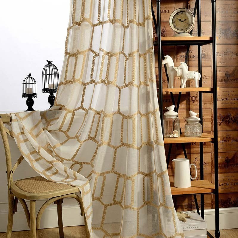 Honeycomb Embroidery Sheer Curtain Made to Measure Curtain American Abstract Living Room Bedroom Fabric