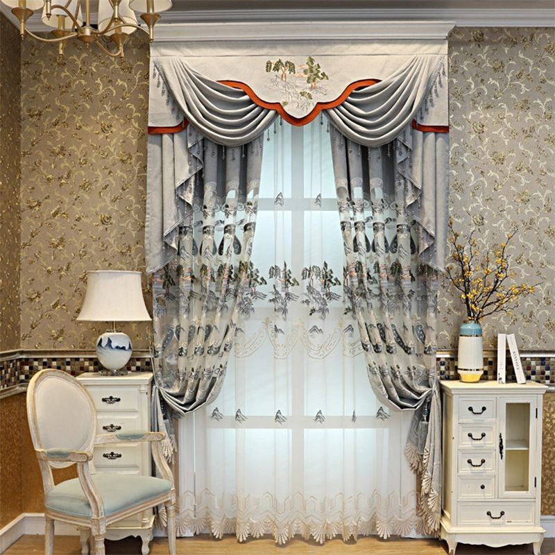 Chenille Semi Blackout Curtains Chinese Style Mountains Embroidery For Living Room Bedroom