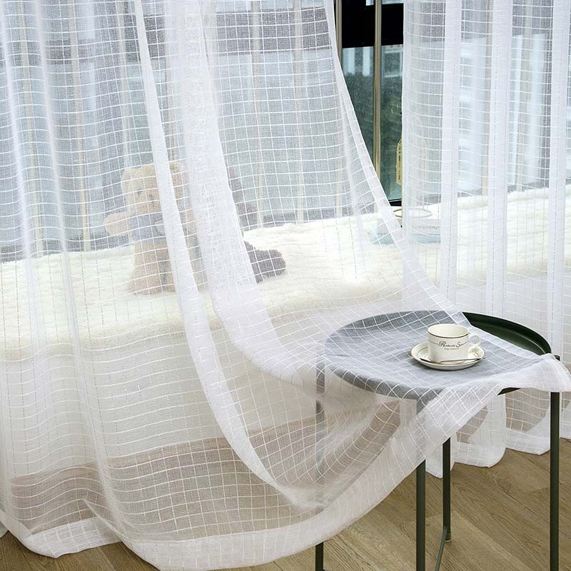 Nordic Simple Sheer Curtain Made to Measure Curtain White Check Jacquard Living Room Bedroom Fabric
