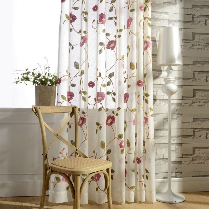 Modern Minimalist Voile Curtain Made to Measure Curtain Panel Linen Window Sheer Pink Leaf Embroidery One