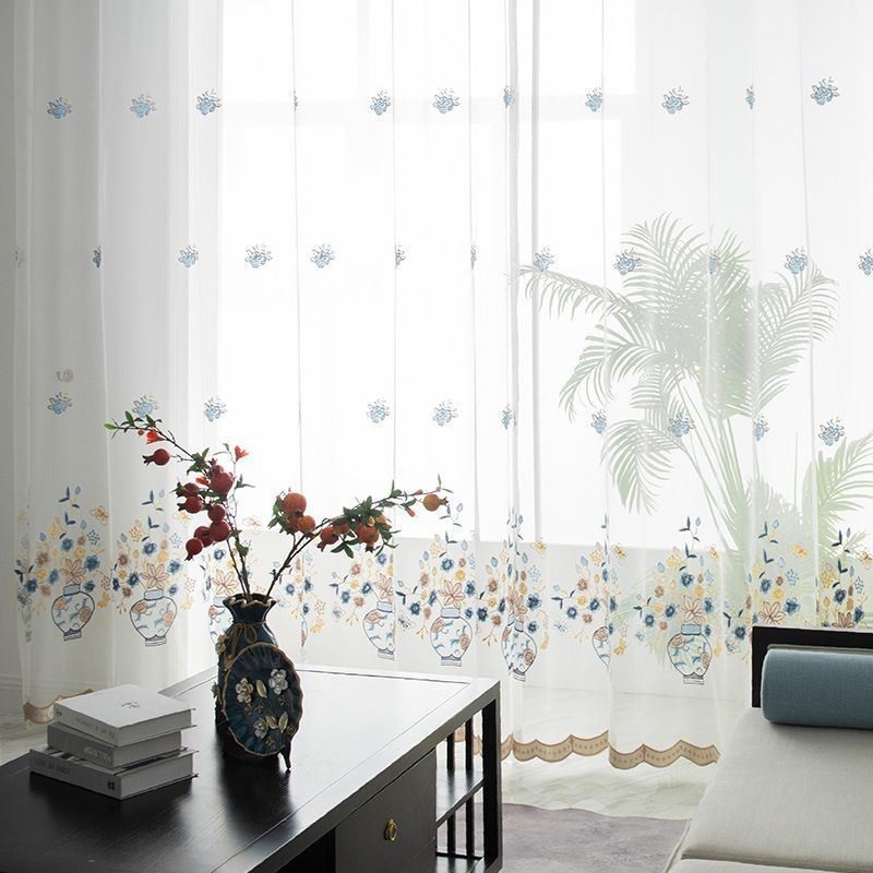 Embroidered Sheer Tulle Curtains Floral Voile Curtain Made to Measure Curtain For Living Room