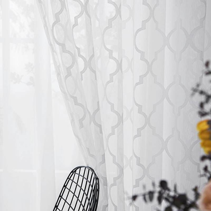 White Geometric Lace Sheer Curtains Panel Living Room Bedroom