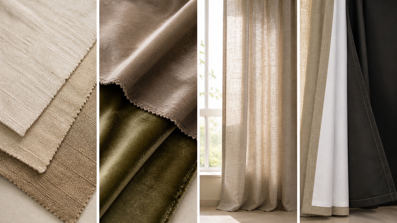 Real linen, velvet, light-filtering fabric and lining layers photographed close up