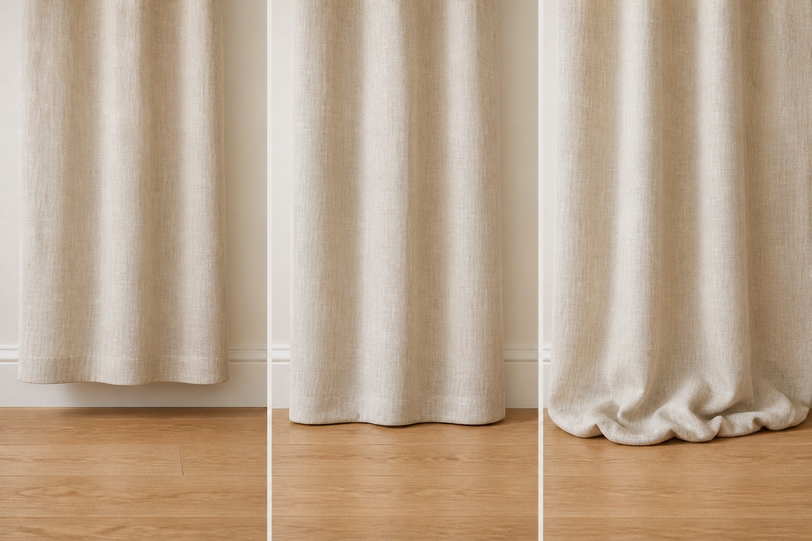 Real linen curtain hems shown floating above, kissing and puddling on the floor
