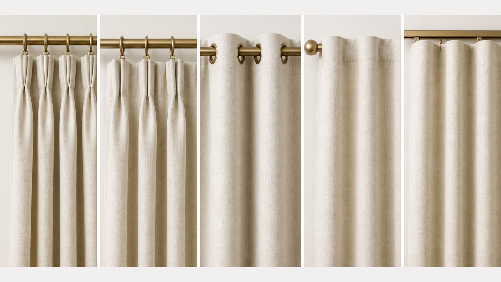 Real close-up comparison of pleated, grommet, back-tab and track curtain headers